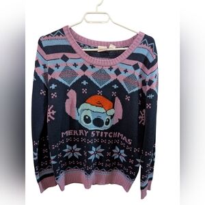 Disney Women's Merry Stitchmas Sweater - Navy and Pink